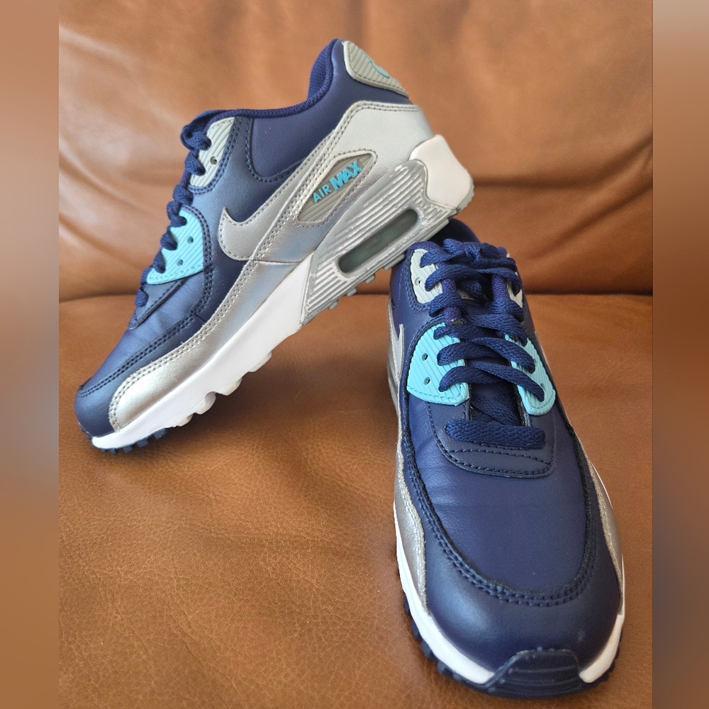 Nike Air Max 90 Leather Sneakers In Binary Blue/ Metallic Silver 4.5 Youth